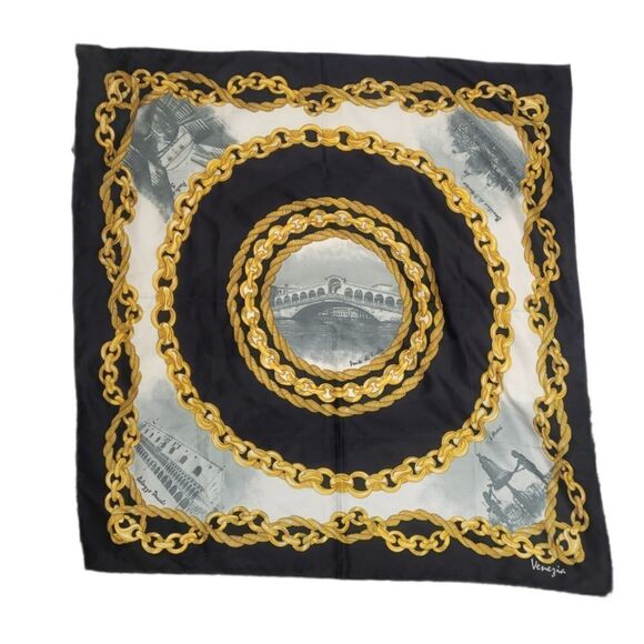 VINTAGE 80s scarf Venezia large chain souvenir print head‎ wrap black - Picture 1 of 8